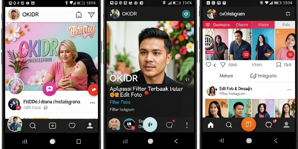 Tampilan aplikasi OKIDR dengan berbagai pilihan filter Instagram.